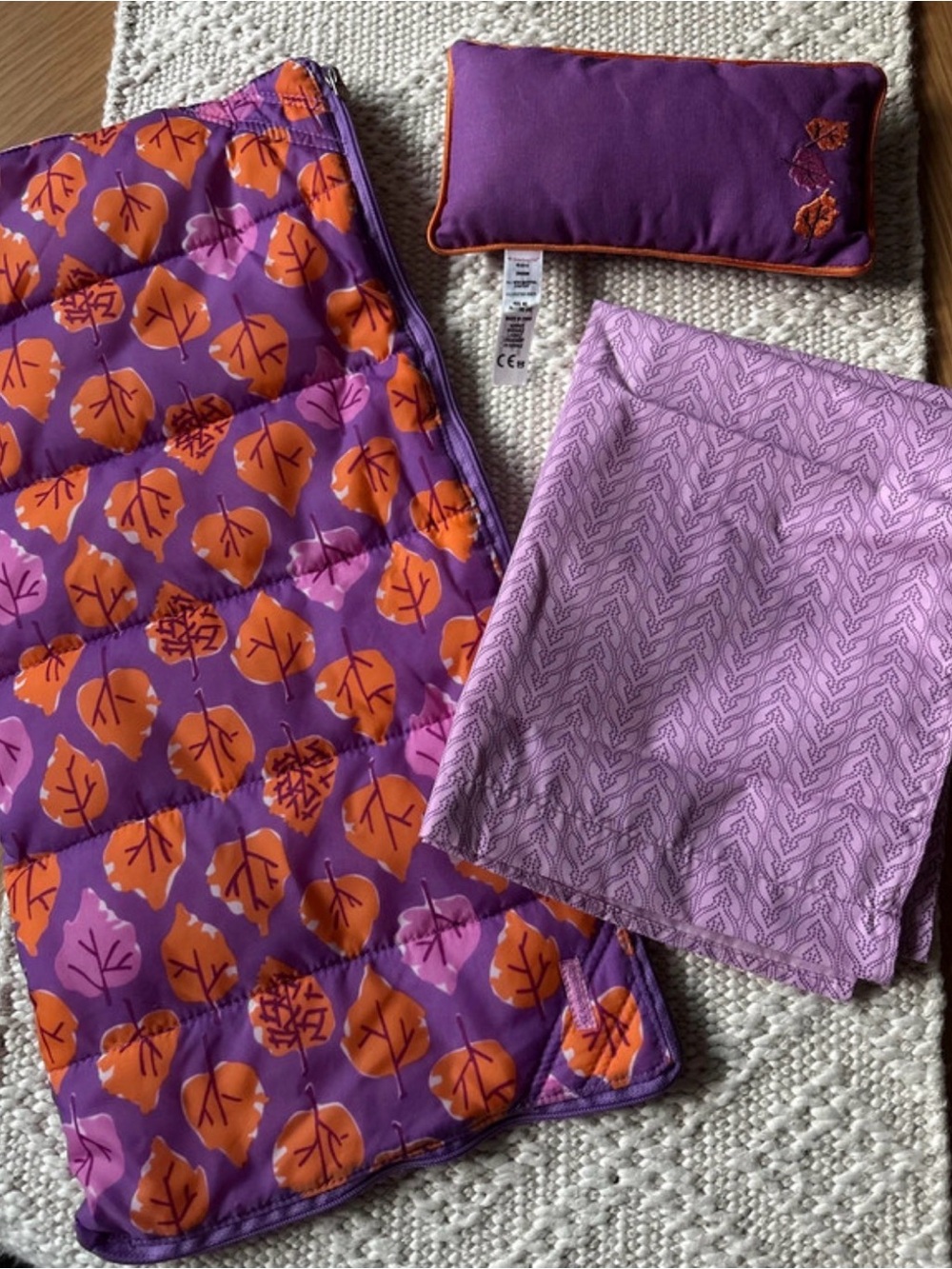 American Girl Purple Orange Leaf Print Bedding Set - Sleeping Bag Pillow Blanket